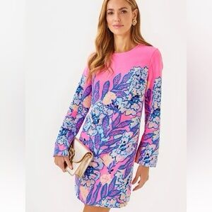 Lilly Pulitzer Pink Floral Long Sleeve Shift Dress with Blue Accents
